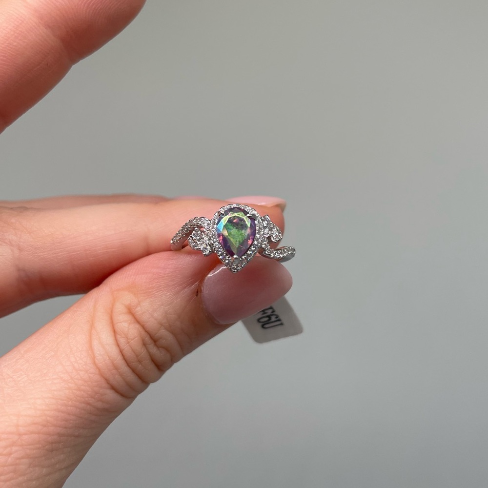 Silver toned Ring Size 7 Rainbow Tear drop Stone